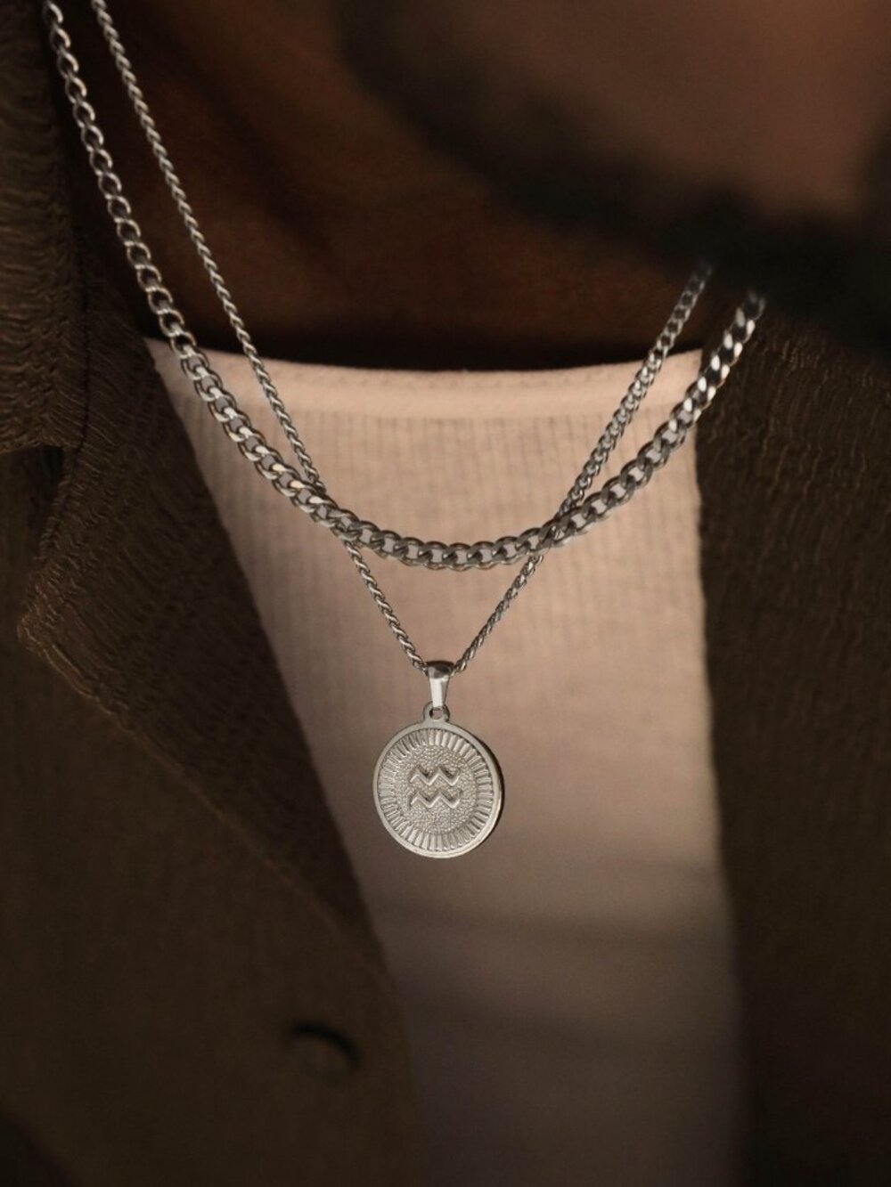 Men's Silver Aquarius Pendant Necklace Set